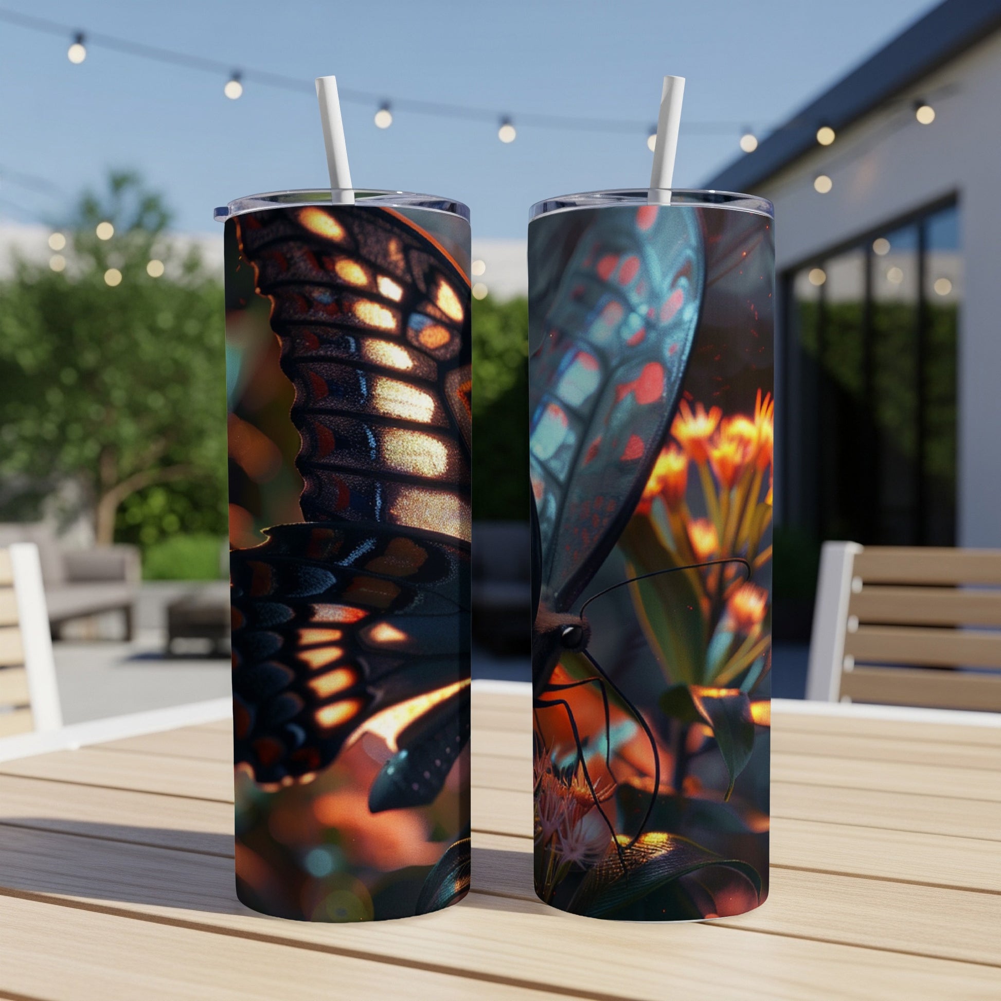Two tumblers with butterfly wing patterns, placed on a table.