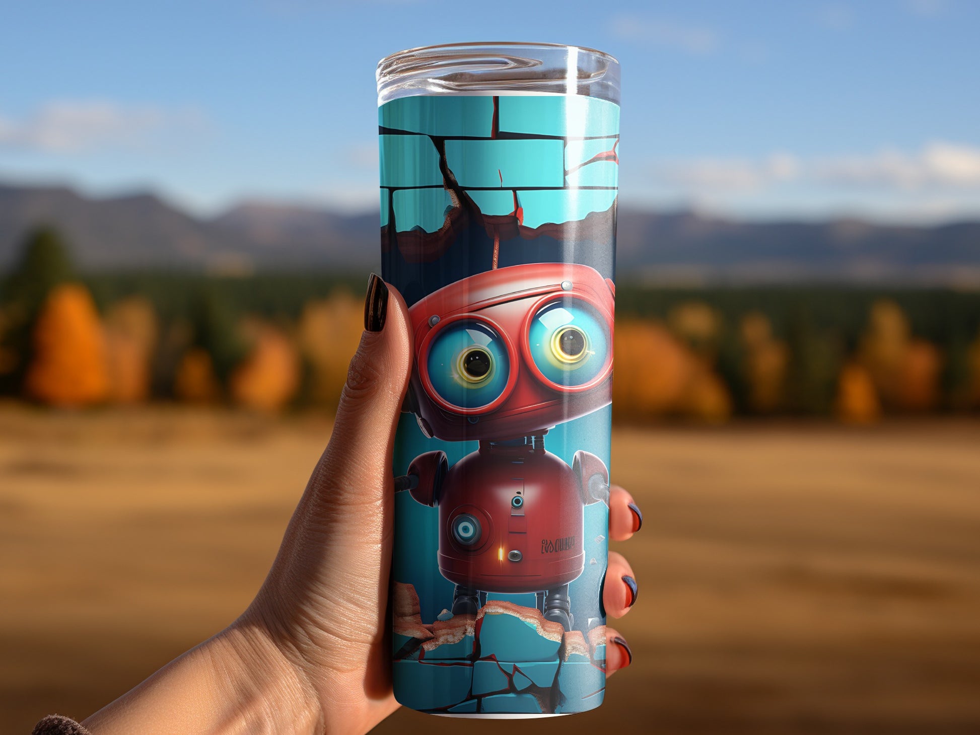 Cute Robot Art Travel Tumbler with Scenic Background