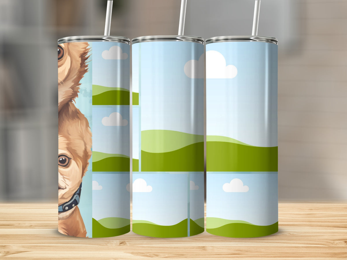 Three tumblers with a dog's face on one and a landscape scene on the others.