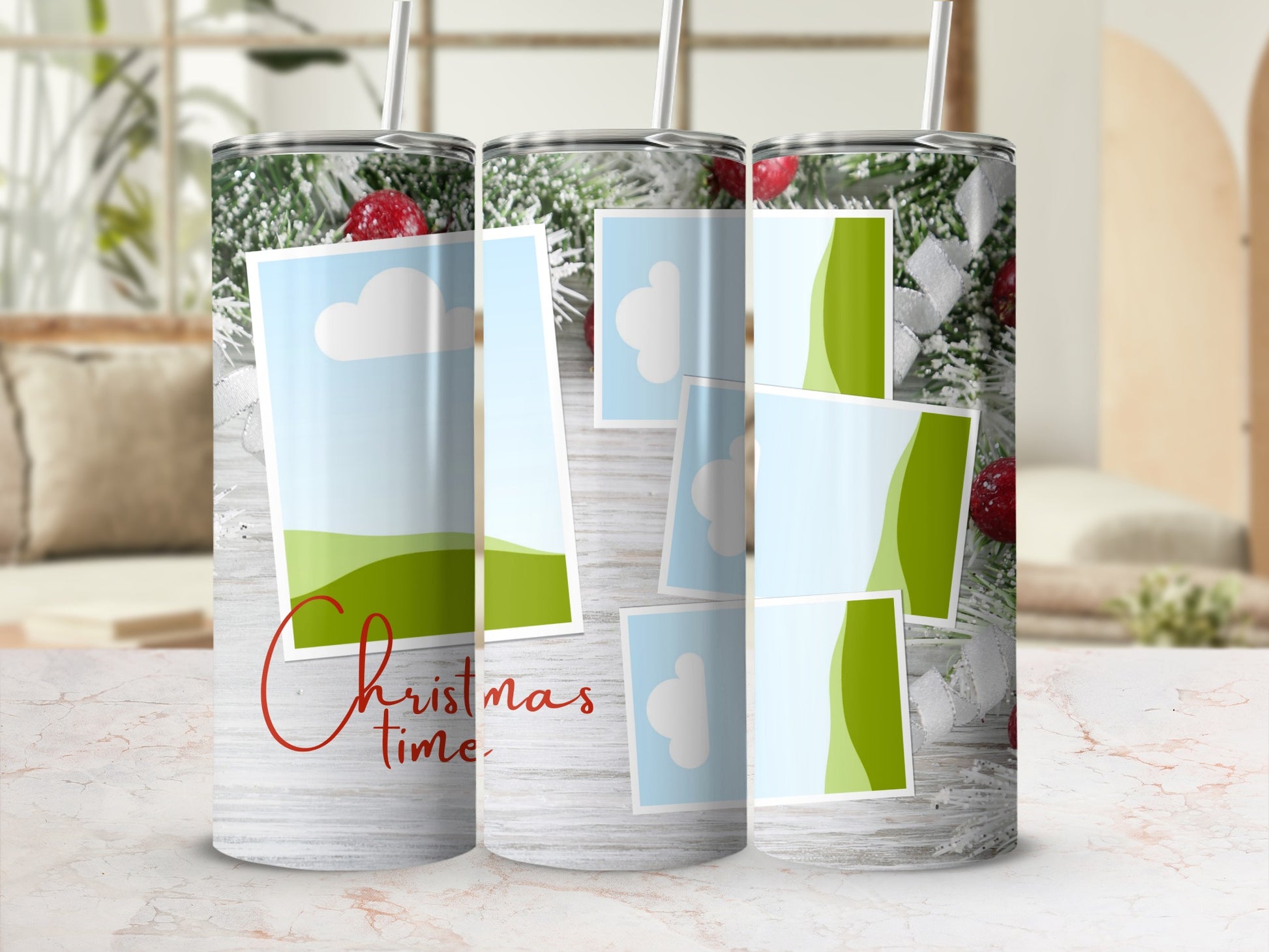 Three tumblers with a Christmas scene, clouds, and green hills, featuring "Christmas time" text.