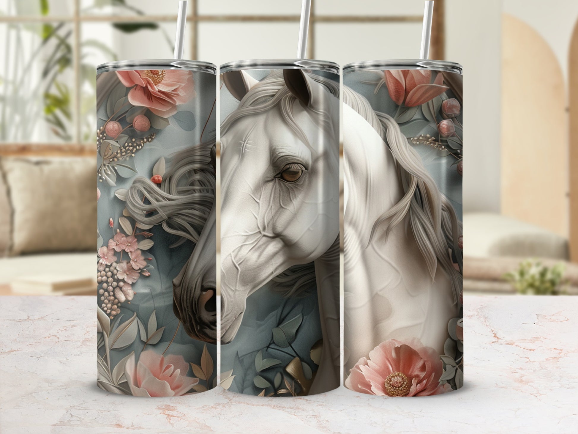 White horse with floral accents on a tumbler.