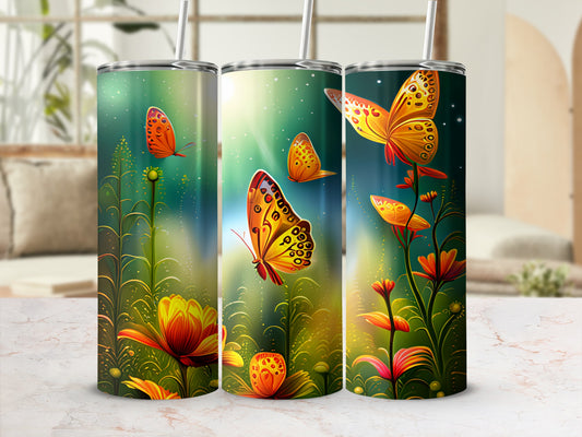 Triptych design with ornate orange butterflies and glowing floral elements.