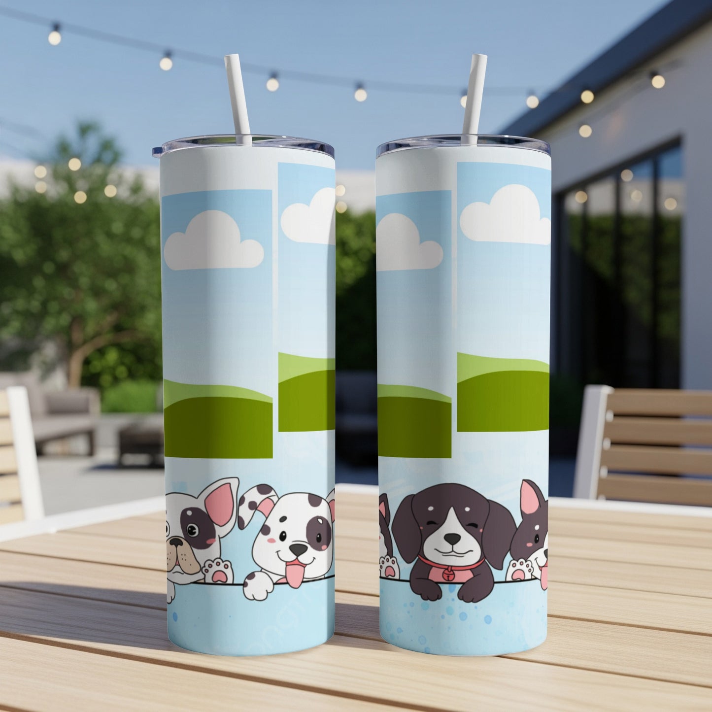 Two tumblers with cartoon dogs and sky design, set outdoors on a wooden table.