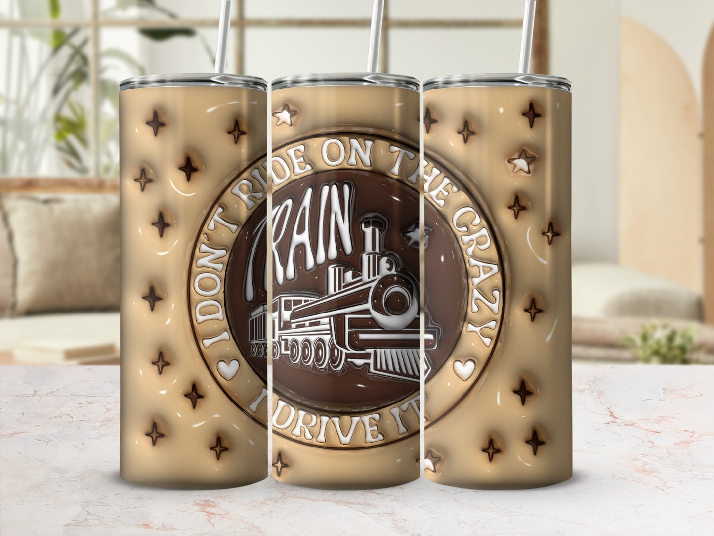 I DON'T RIDE ON THE CRAZY TRAIN I DRIVE IT Tumbler
Train Design
Crazy Train
Drive It Quote
Funny Tumbler
Quote Tumbler
Saying Tumbler
Locomotive Art
Star Accents
Heart Details
Brown Beige
Embossed Look
3D Effect
Drinkware
Beverage Holder
Insulated Cup
Travel Mug
Unique Gift
Train Enthusiast
Humor Drinkware
Statement Piece