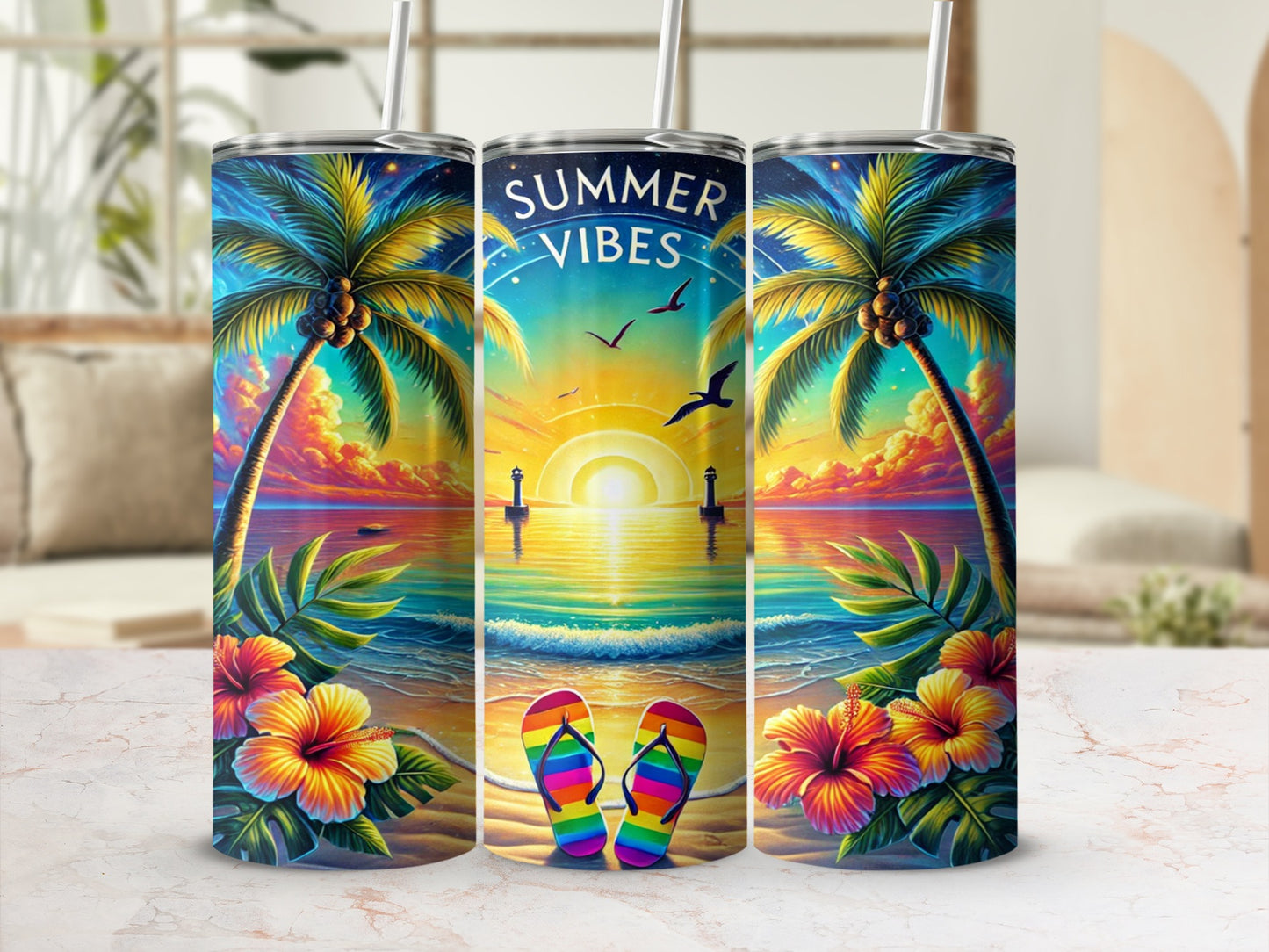 Colorful Summer Vibes Palm Trees and Beach Tumbler