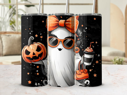 Three tumblers featuring a ghost holding a pumpkin, a ghost with sunglasses, and a ghost with a coffee and purse.