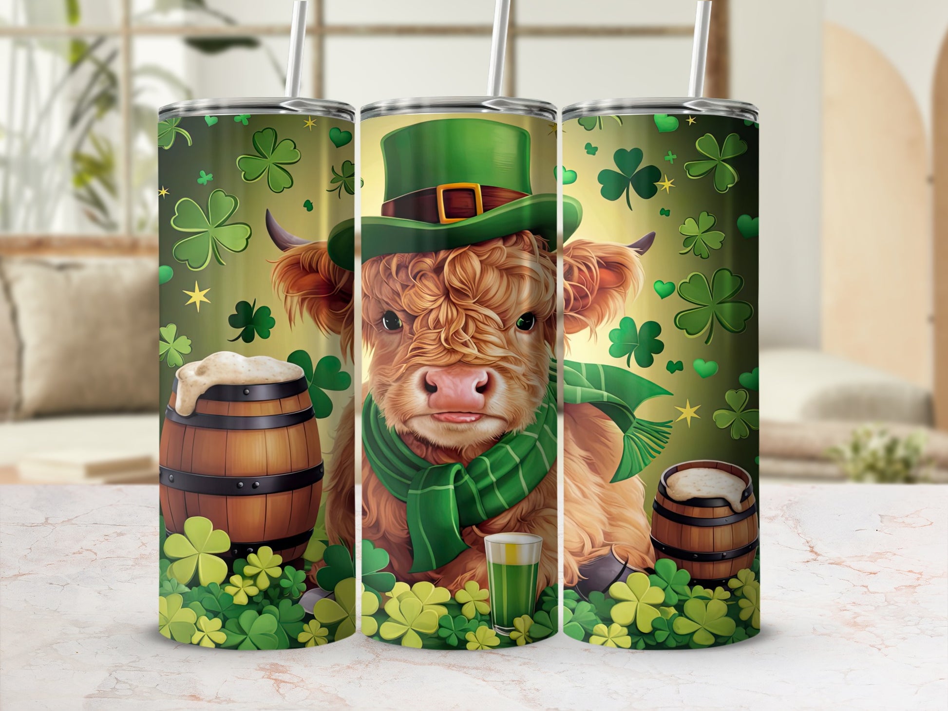 Cow in green hat and scarf holding a drink, with shamrocks and barrels.