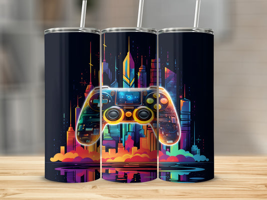 Glow-in-the-dark controller overlayed on a neon cityscape with reflections.