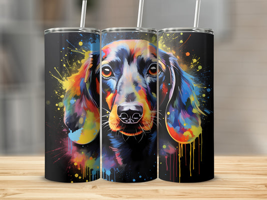 Dachshund dog portrait with colorful paint splatter on black background.
