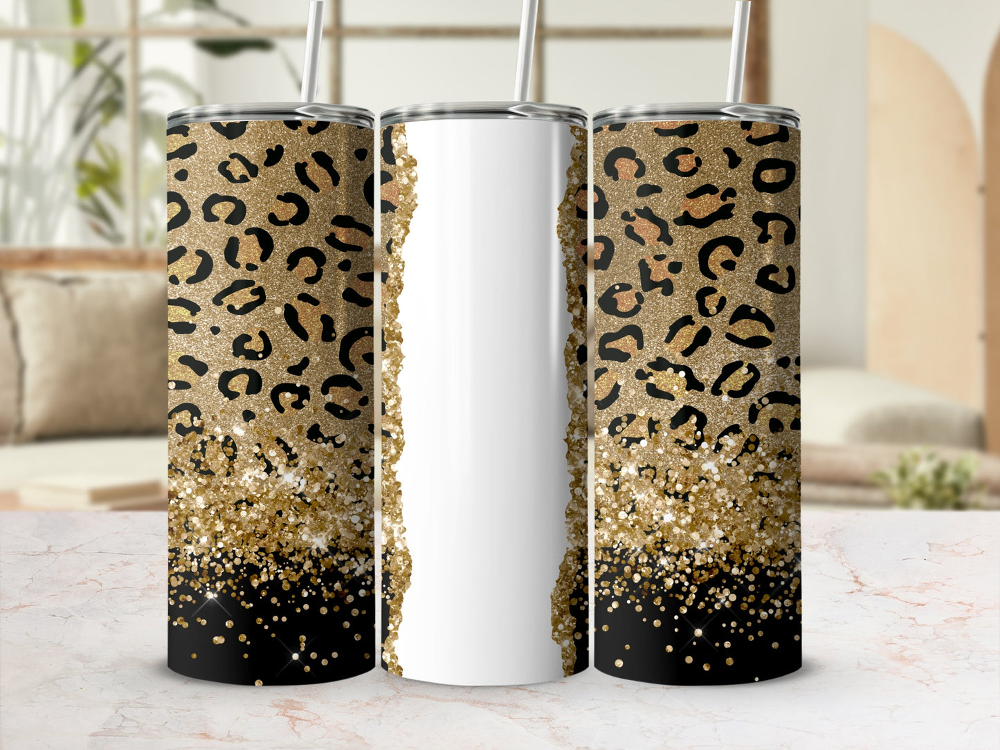 Glittering leopard print tumbler with a blank white section.