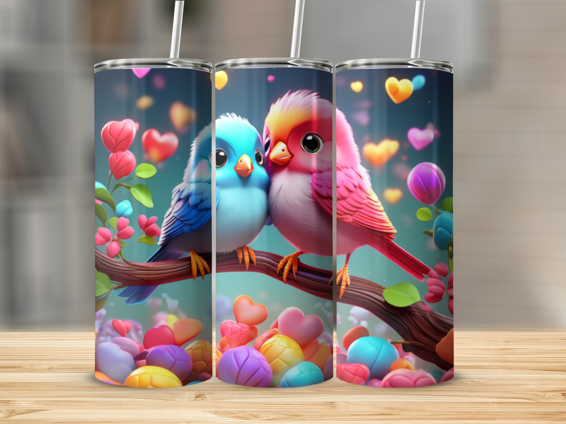 Two cartoon birds, one blue and one pink, perched on a branch with hearts.
