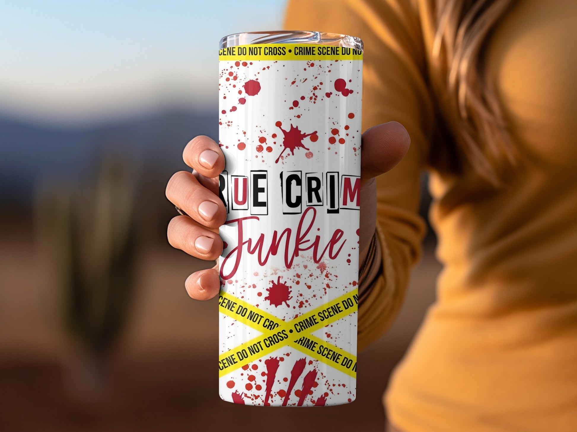True Crime Junkie Travel Tumbler with Crime Scene Tape