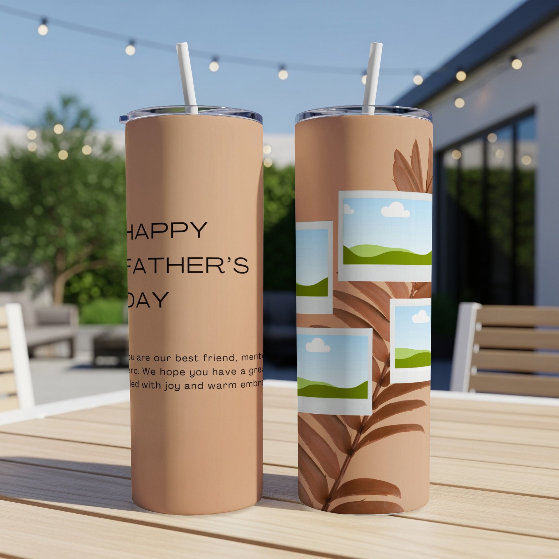 Two tumblers on a table, one with "Happy Father's Day" text.