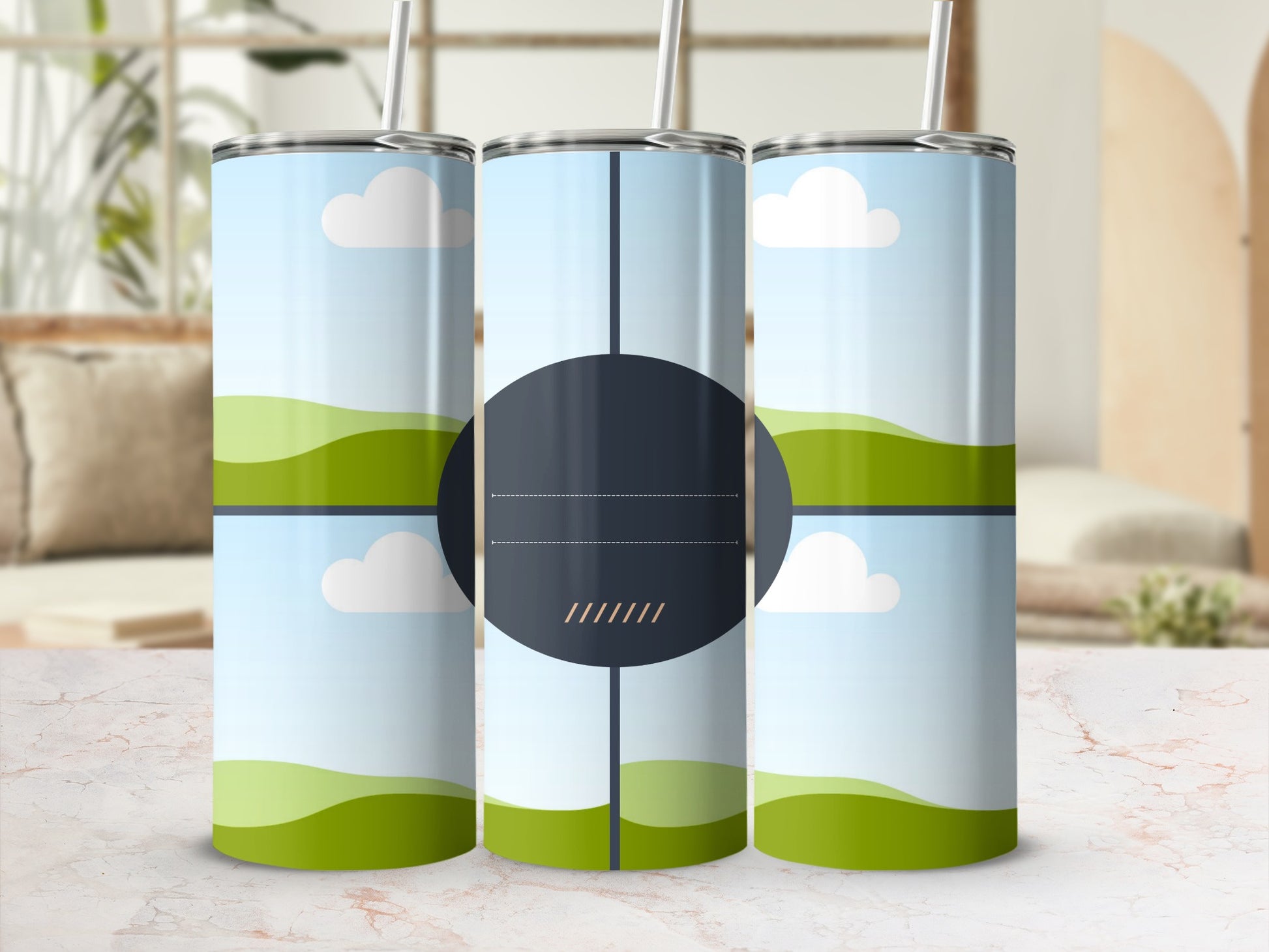 Three tumblers with a sky and rolling green hills design.