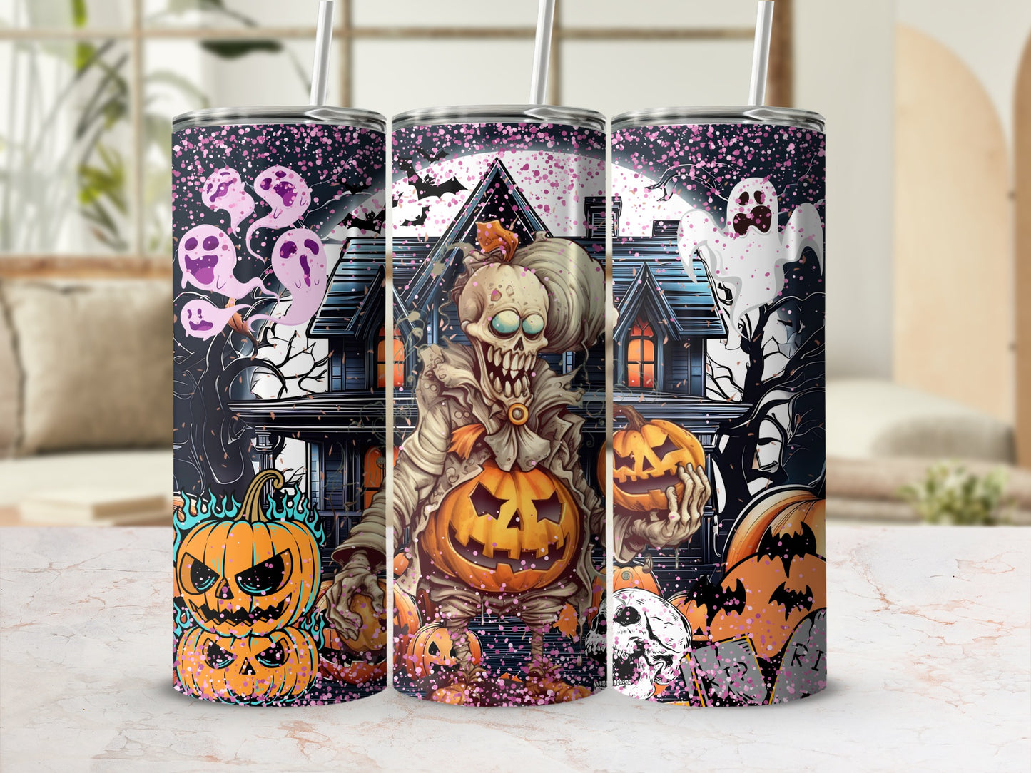 Spooky Halloween Haunted House and Pumpkin Design Tumbler