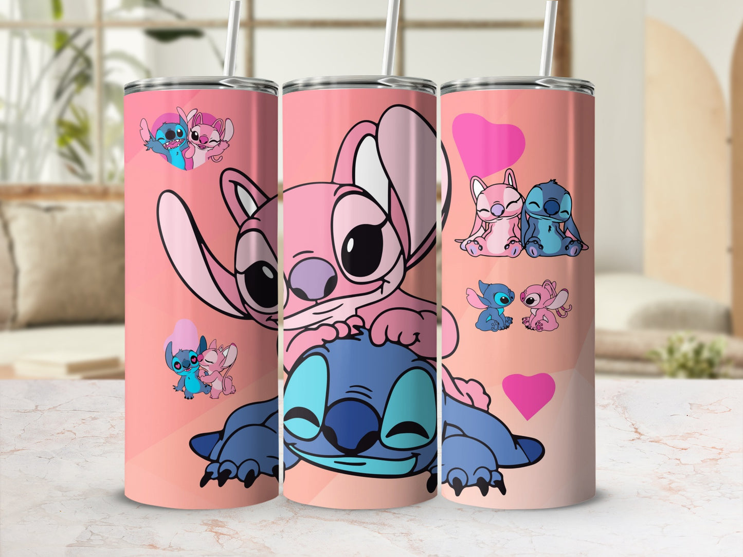 Pink Tumbler with Cute Cartoon Characters Design