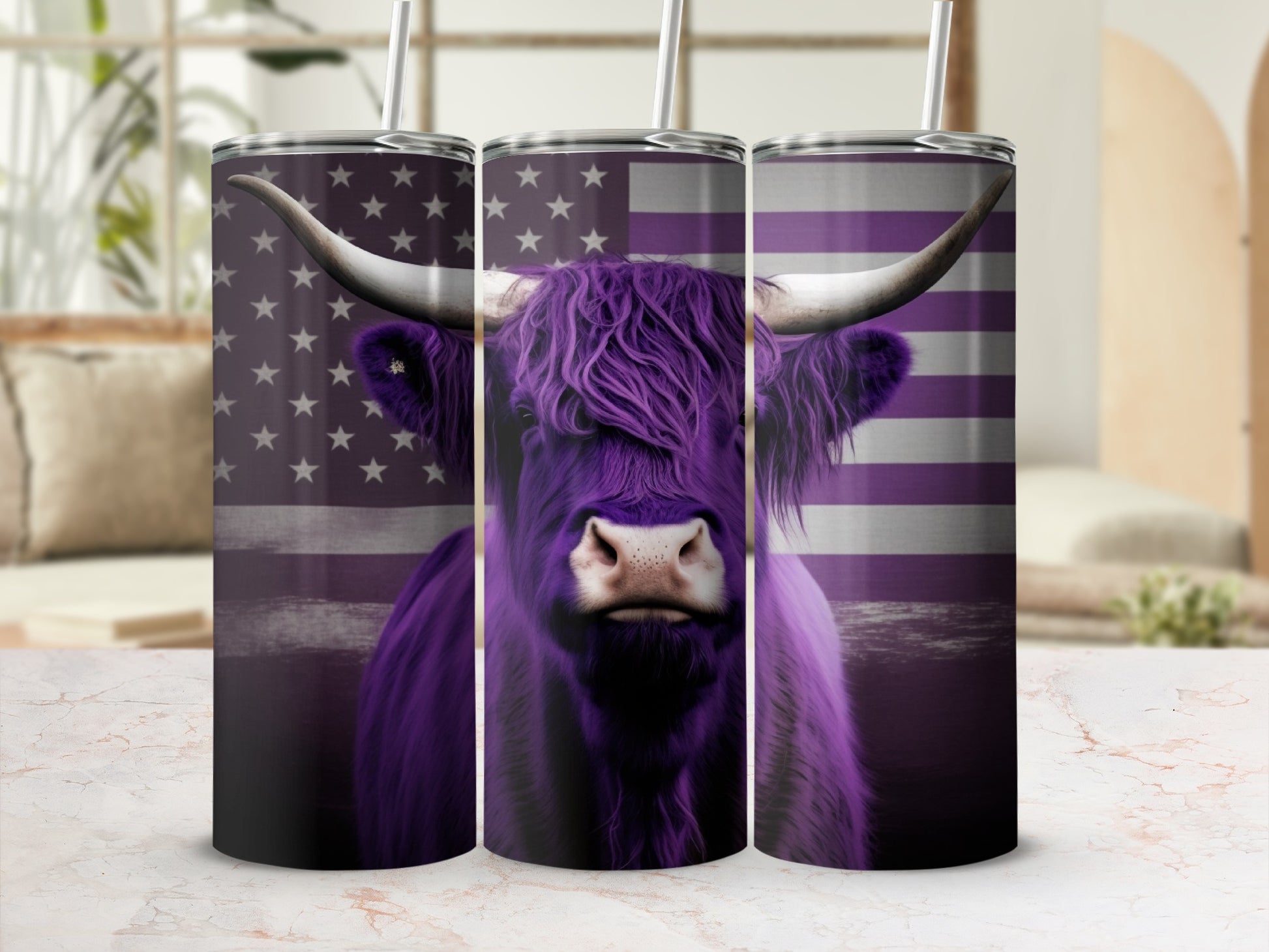 Purple Highland cow with American flag pattern on a tumbler.