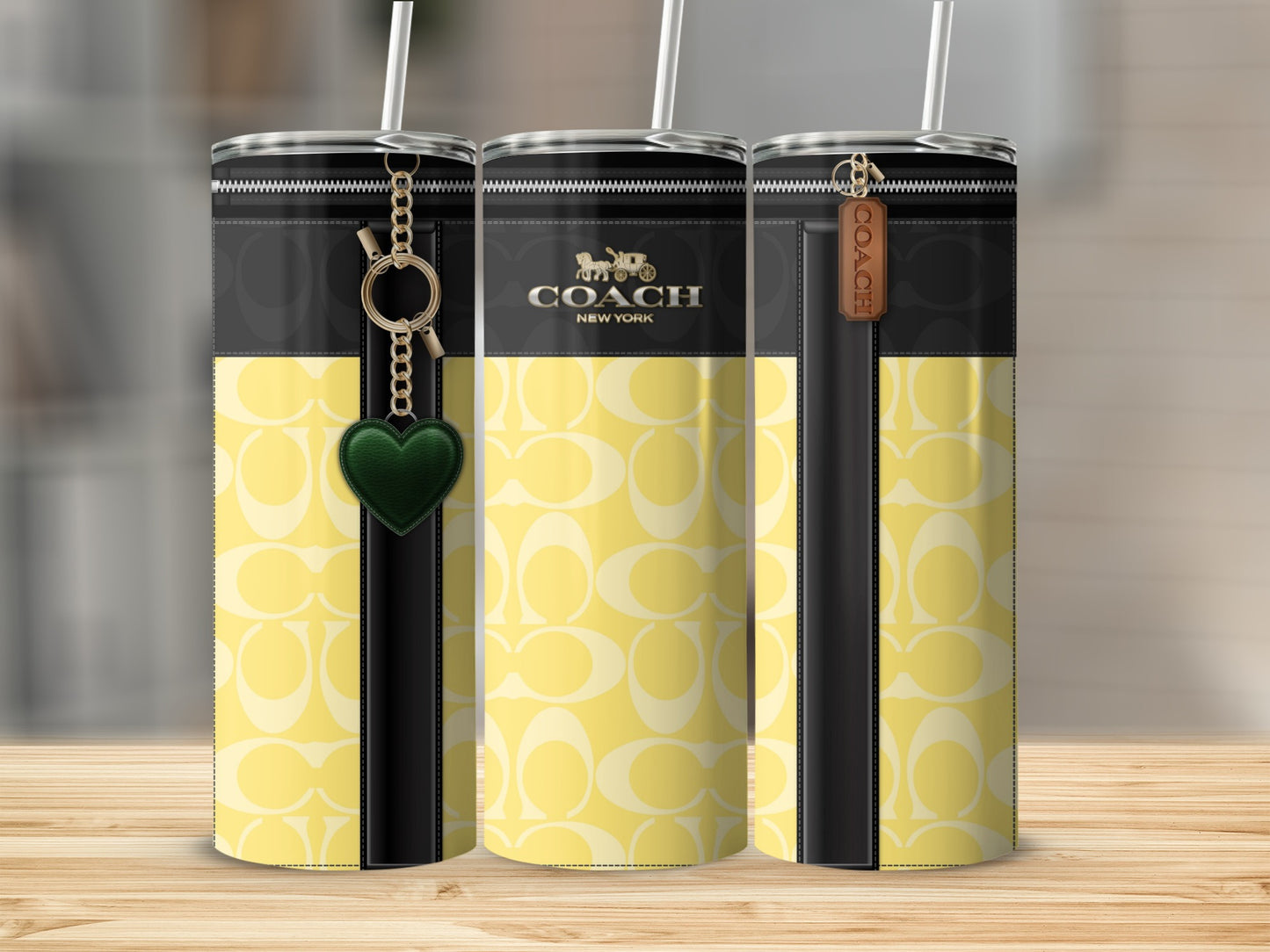 Stylish Yellow-Black Tumbler with Heart Charm Accessory