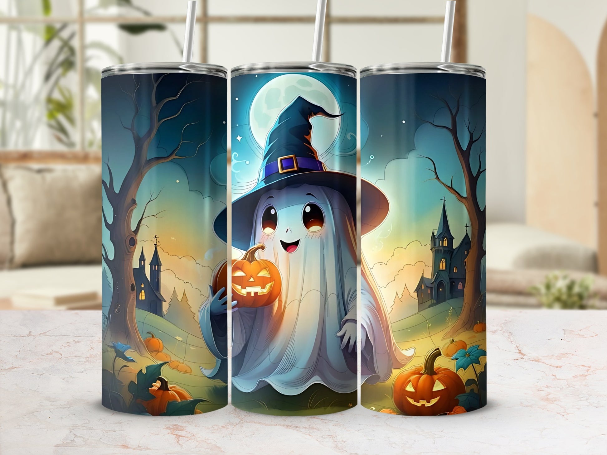 Three tumblers with a cute ghost in a witch hat holding pumpkins on Halloween night.