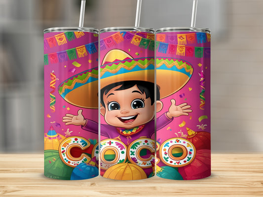 Cartoon child in sombrero on pink background with "Coco" text and colorful balloons.