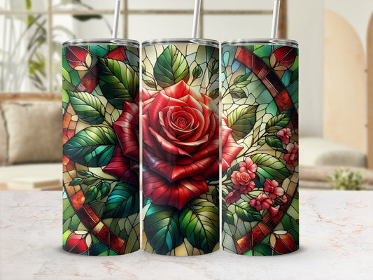 Three stained-glass tumblers featuring a large red rose and floral motifs.