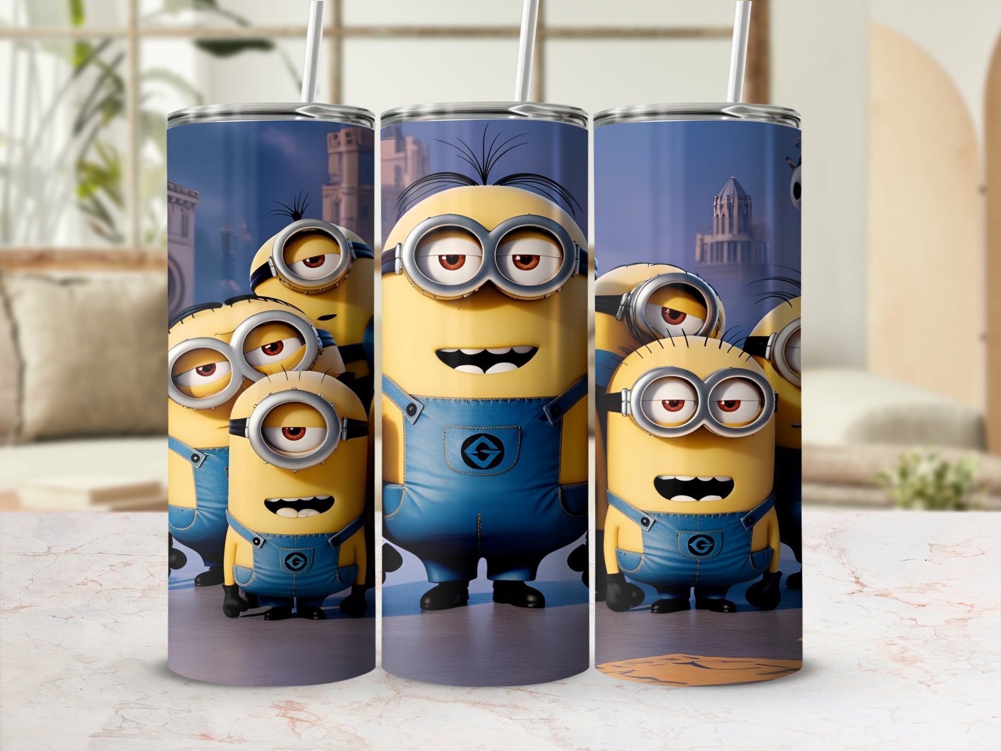 Minions in blue overalls stand in a row with buildings in the background.