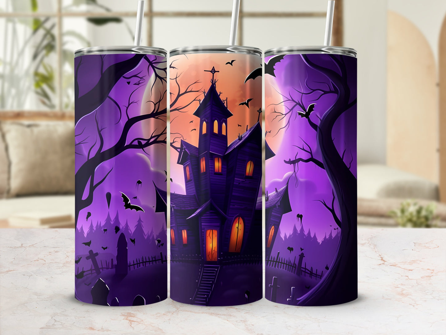 Three tumblers feature a Halloween scene with a haunted house, bats, and spooky trees.