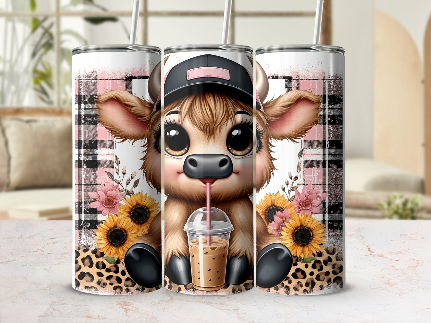 Cute cartoon cow with sunglasses and sunflowers on a tumbler.