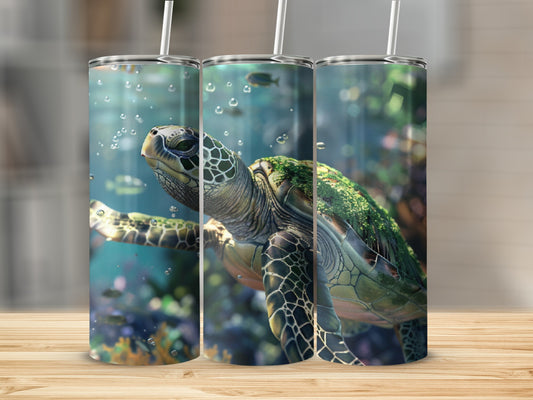 Sea turtle swimming underwater with bubbles and fish.