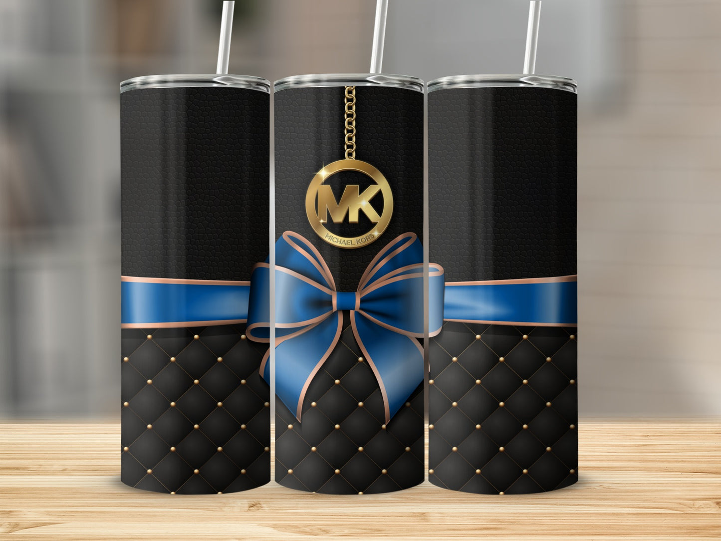 Black Quilted Tumbler with Blue Ribbon And MK Charm