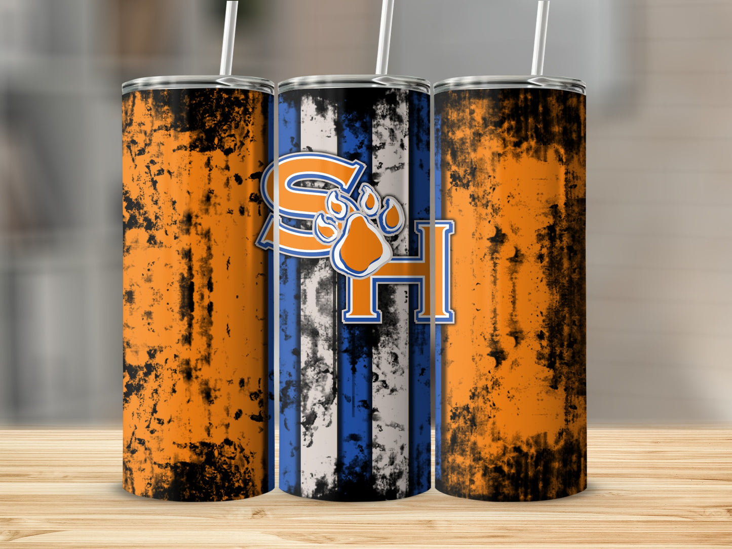 Grunge Style SH Paw Print Tumbler with Straw