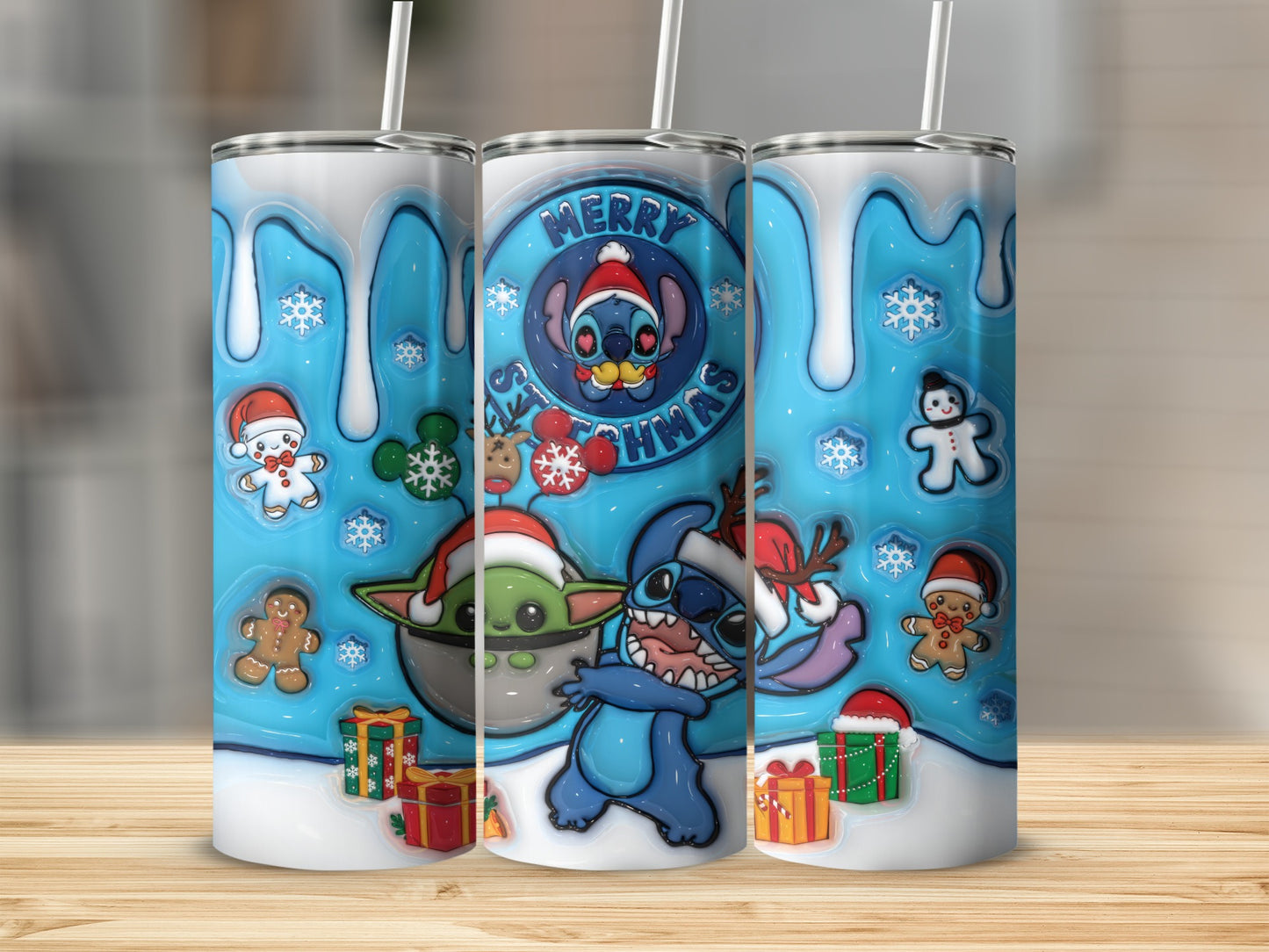 Merry Stitchmas Holiday Scene with Cute Characters Tumbler