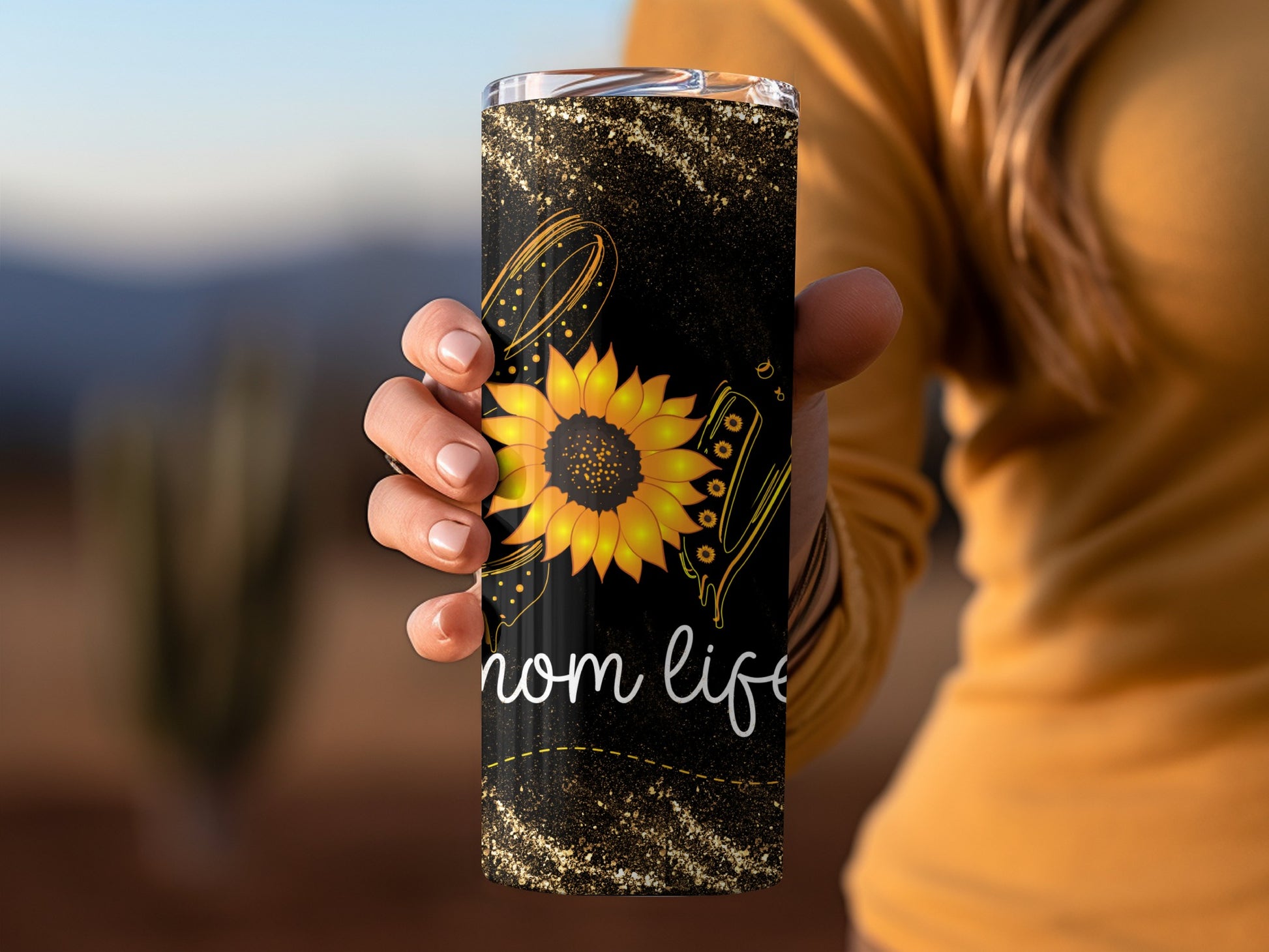 Sunflower Mom Life Tumbler with Gold Glitter Effect