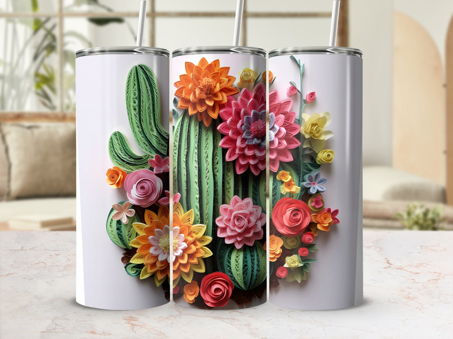 Cactus and Colorful Flower Design Tumbler with Straw