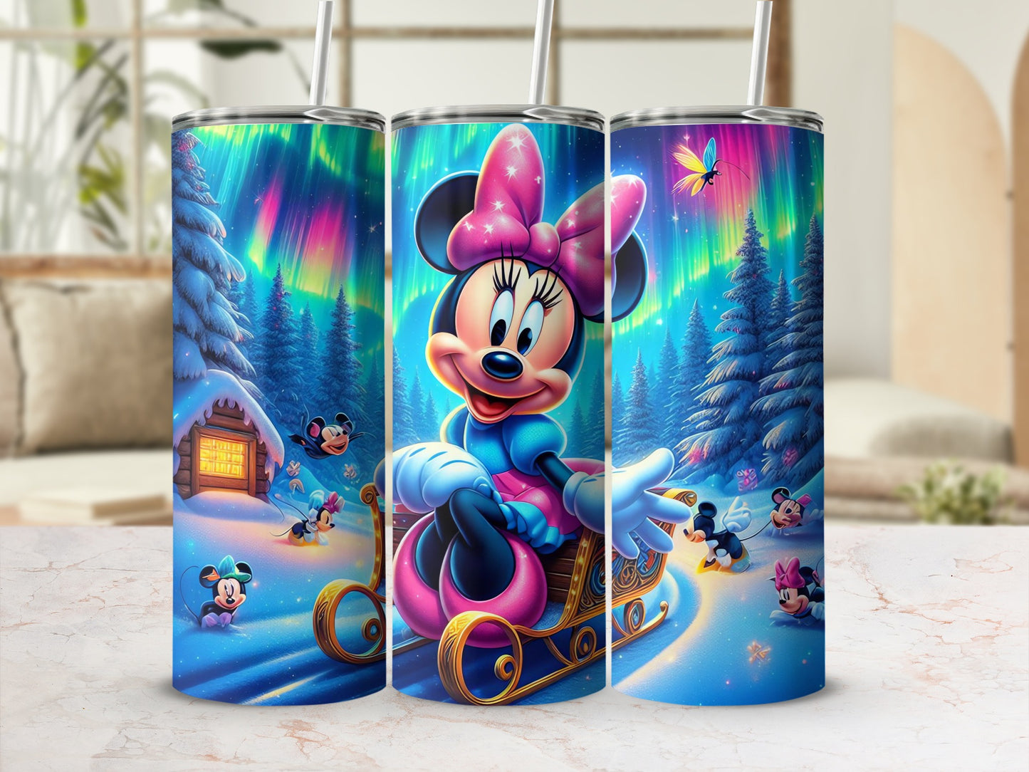 Adorable Mouse on Sled with Aurora Background Cup