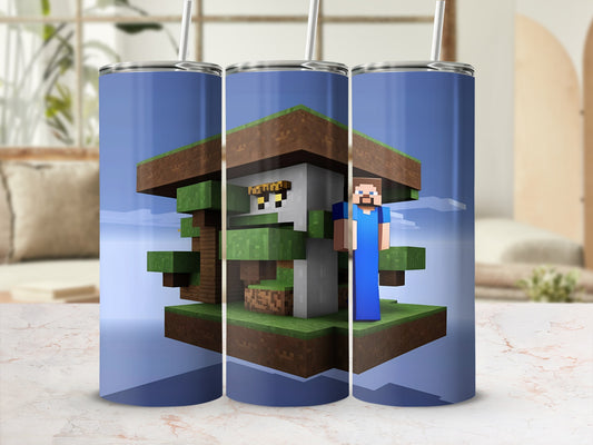 Minecraft Steve character standing on dirt block house with trees and grass.