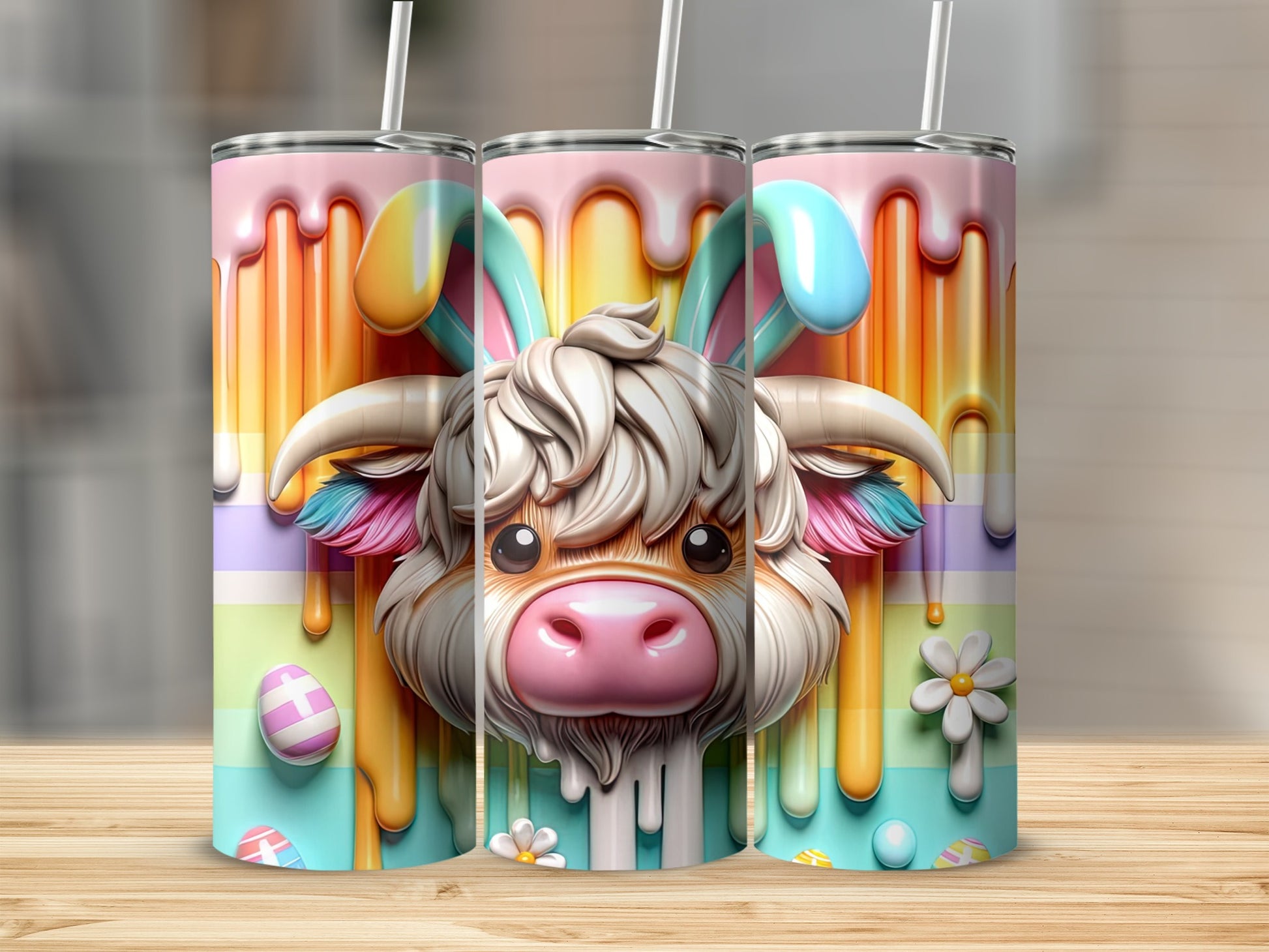 Cute cow with bunny ears and colorful drips.