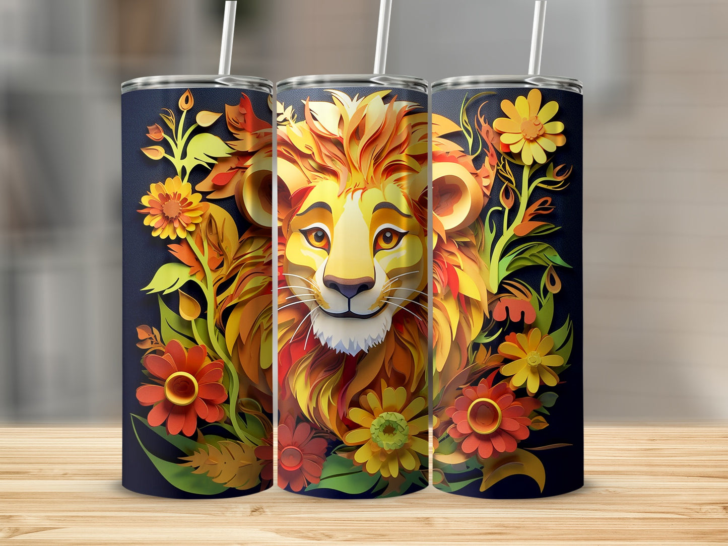 Colorful Floral Lion Art Tumbler with Straw Flask