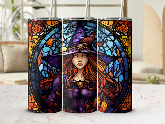 Stained glass witch with colorful autumnal accents on three tumblers.