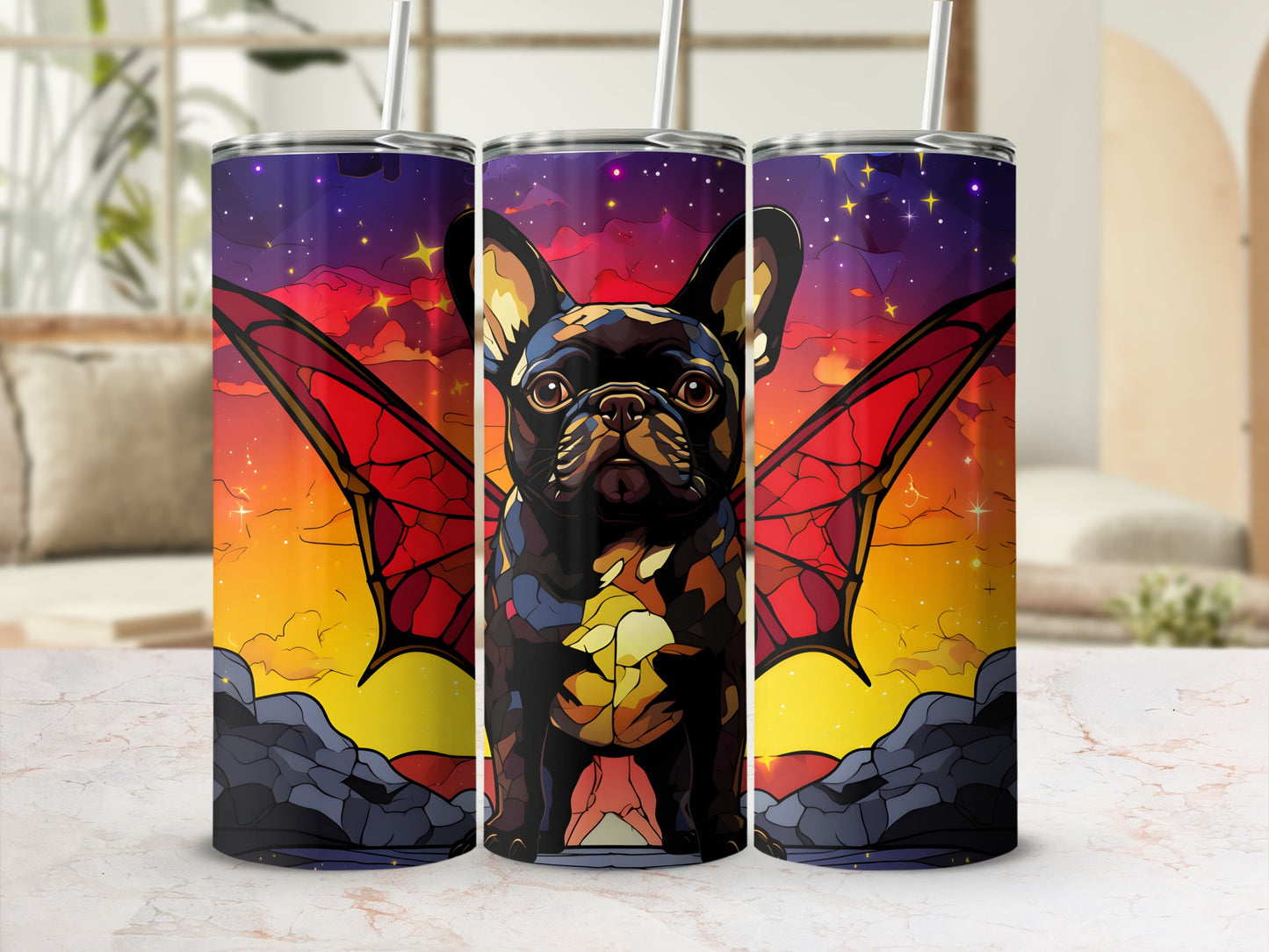 French bulldog with stained glass wings against a colorful sunset sky.