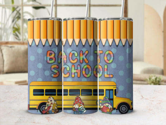School bus with gnomes and "Back to School" text on a blue polka dot background.
