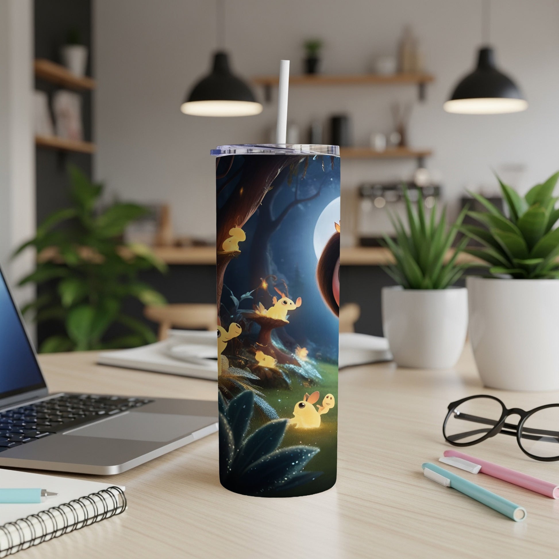 Glowing forest creatures on a tumbler with a straw, on a desk.