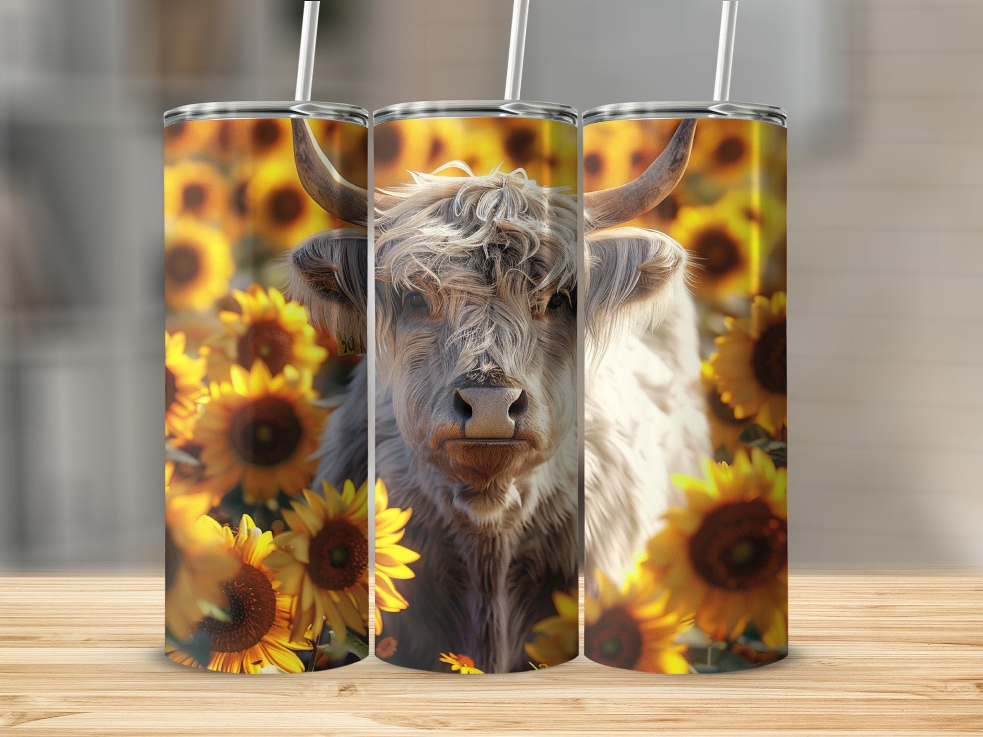 Highland cow surrounded by sunflowers on a tumbler.