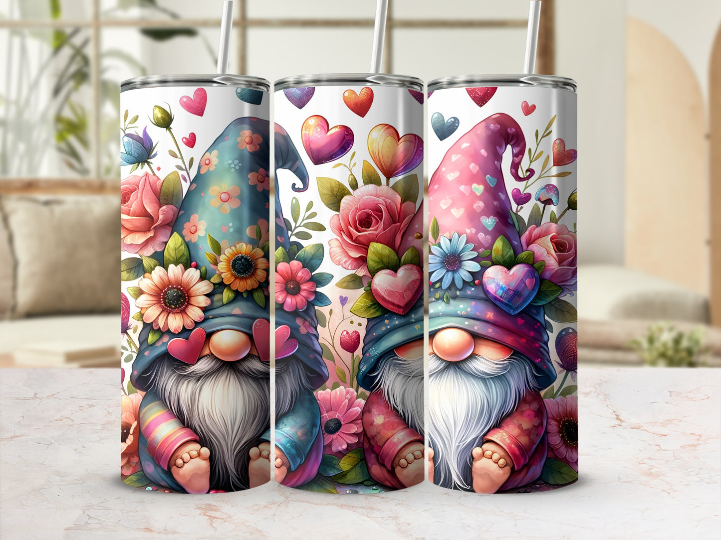 Two gnomes with floral hats and heart accents, two tumblers.