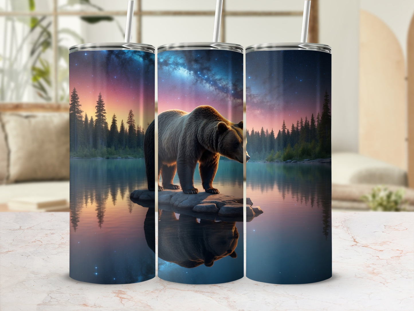 Bear on a rock in a starry lake scene, reflected.