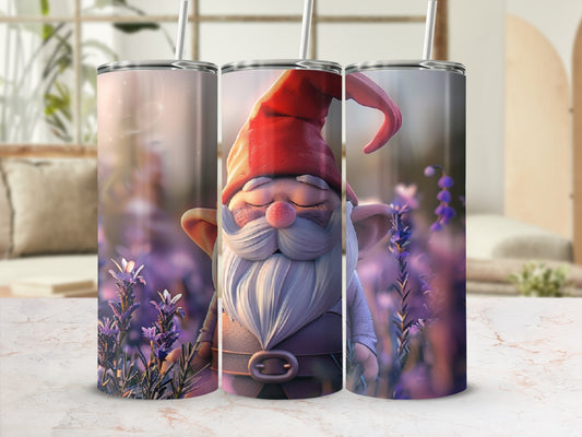 Gnome with red hat and white beard in a field of purple flowers.
