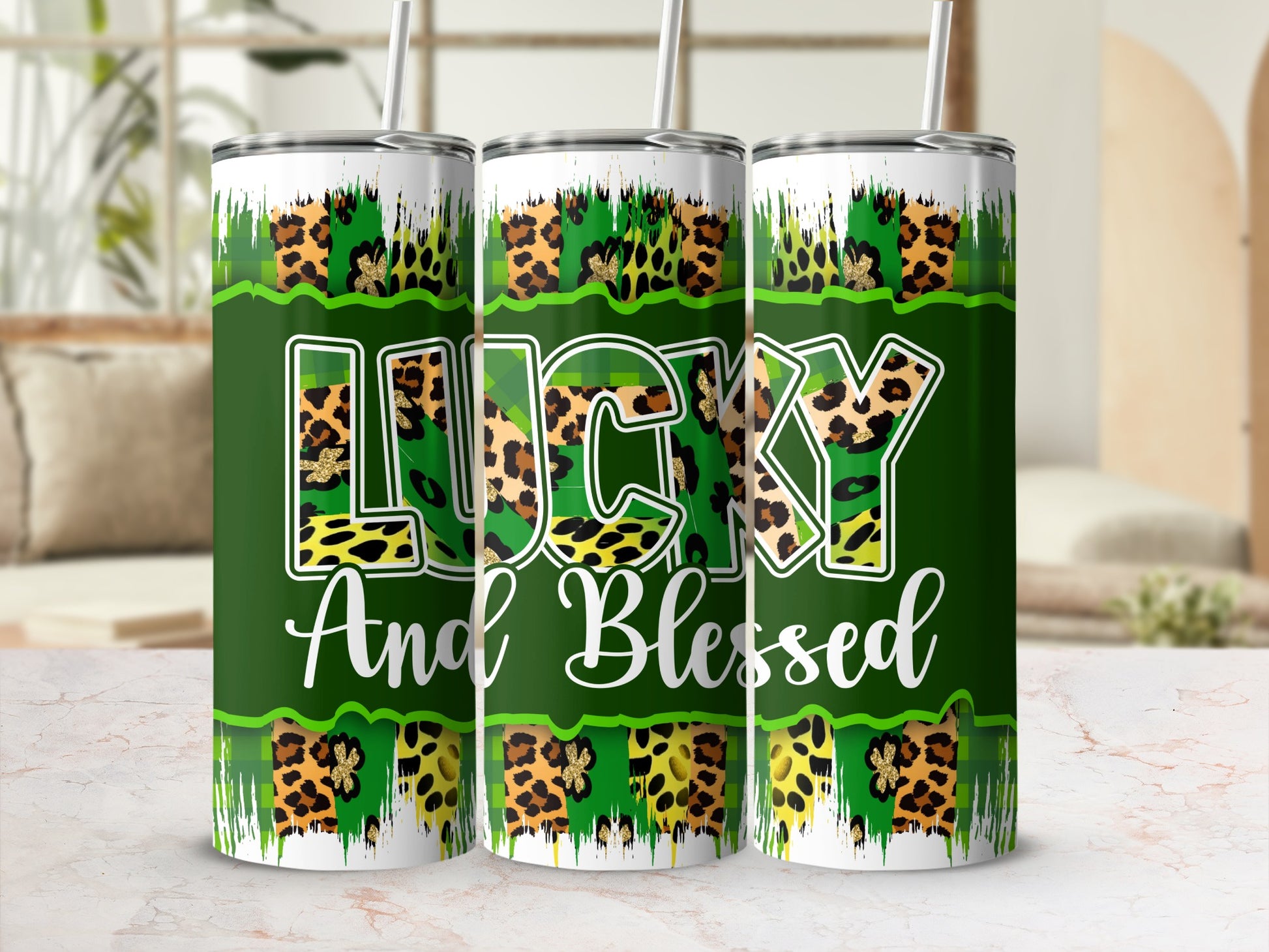Green tumbler with "Lucky And Blessed" text and leopard print accents.