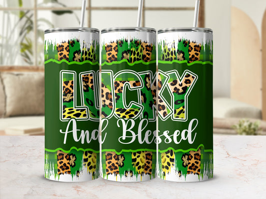 Green tumbler with "Lucky And Blessed" text and leopard print accents.