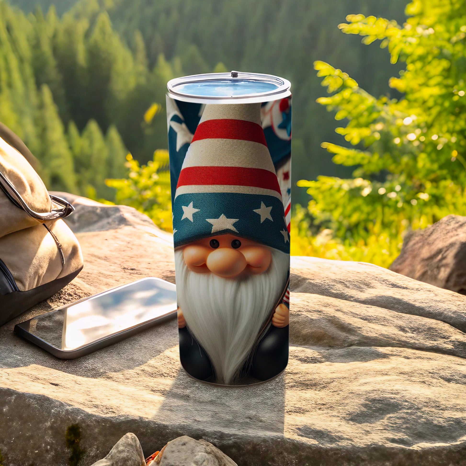 Gnome with American flag hat and overalls on a rock.