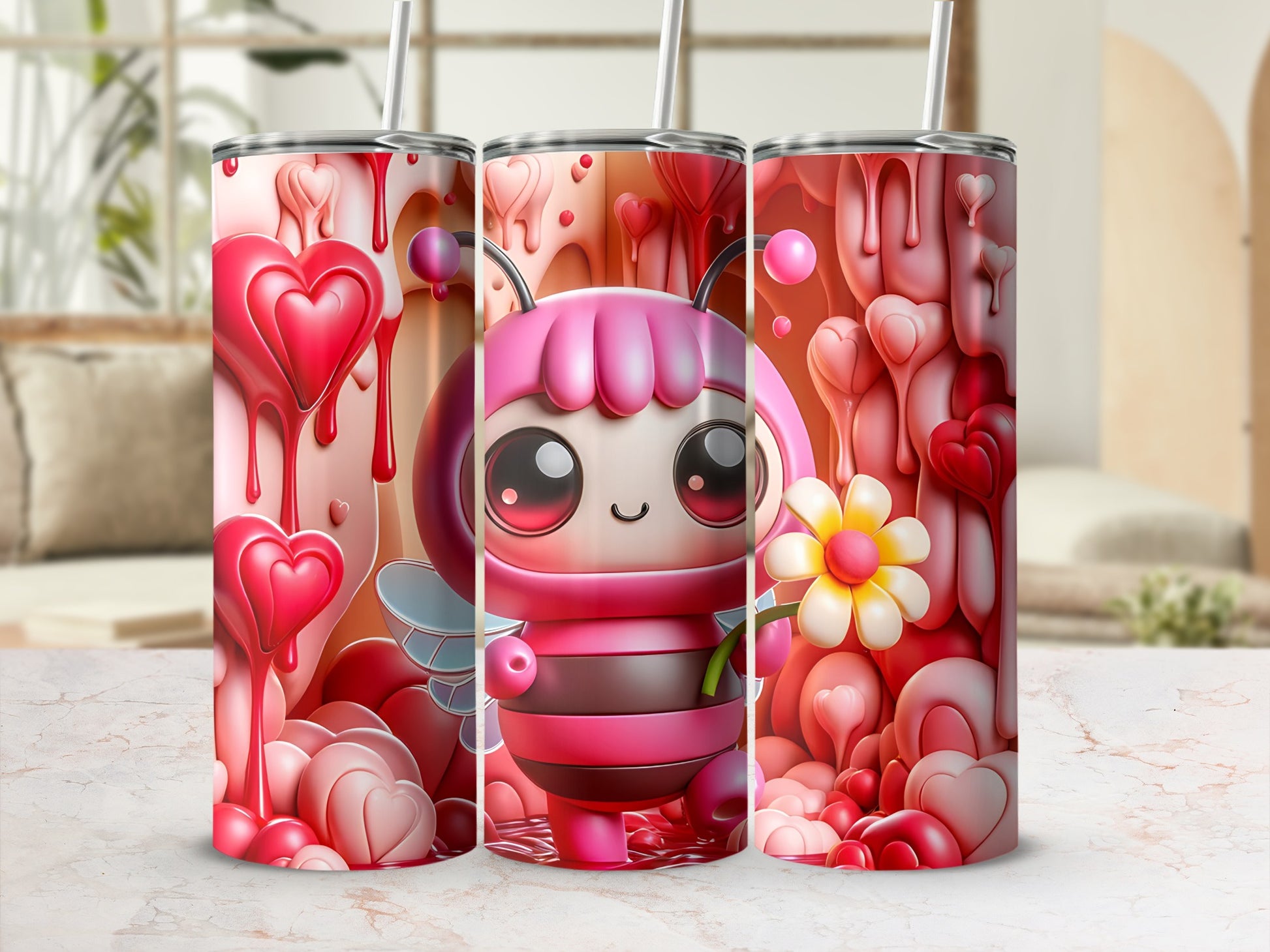 Pink bumblebee with heart-shaped elements, holding a yellow flower.